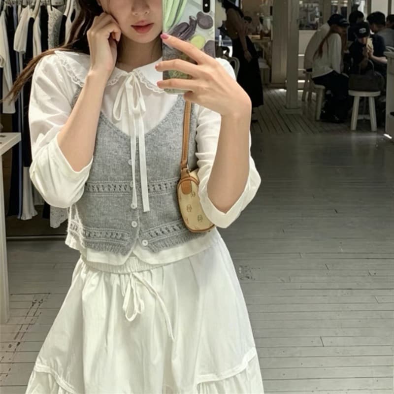 한 부서 연령 감소 얇은 스타일 니트 패션 슬립 오픈 가디건 여성 짧은 이른 가을 스택 착용 홀로우 아웃 작은 베스트 조끼 맨위 이미지 3