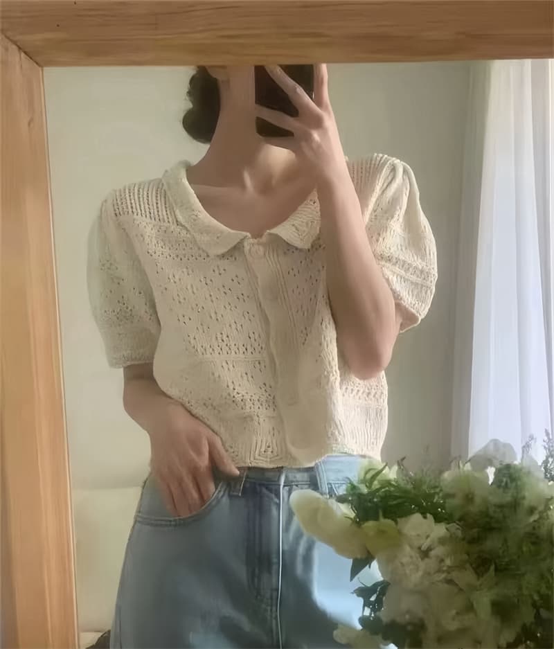 26 이른 가을 켜기 새로운 여름 단색 자수 홀로우 아웃 싱글 줄 버튼 귀여운 작은 레이스 베이비 칼라 반팔 니트 스웨터 상세 이미지 18