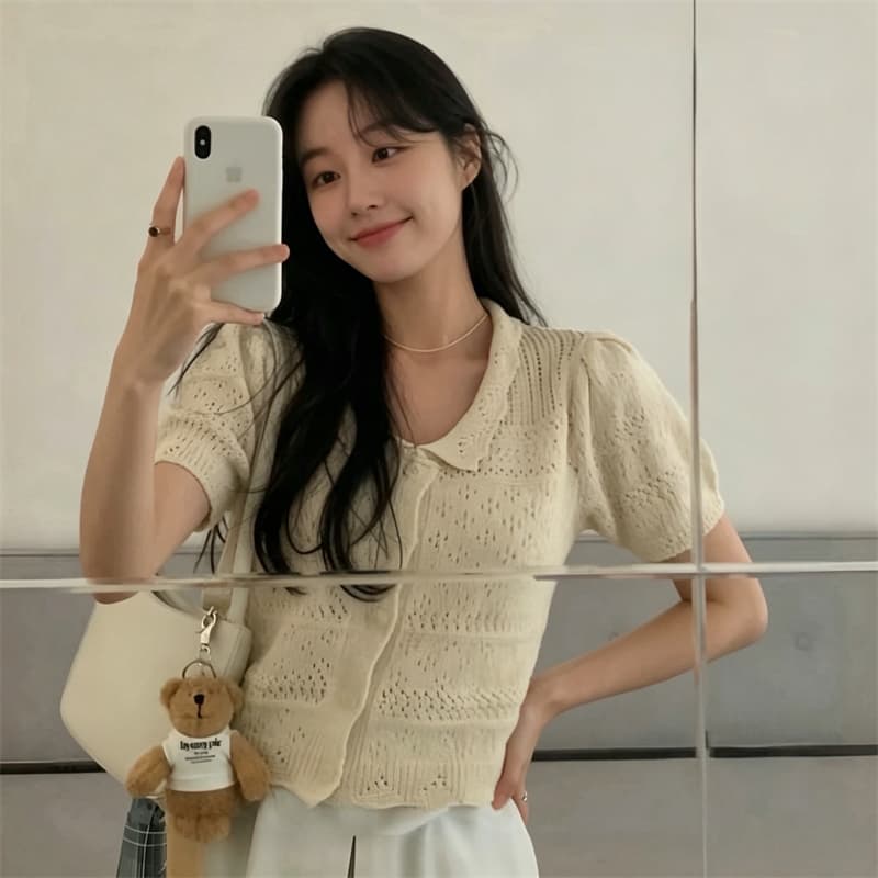 26 이른 가을 켜기 새로운 여름 단색 자수 홀로우 아웃 싱글 줄 버튼 귀여운 작은 레이스 베이비 칼라 반팔 니트 스웨터 상세 이미지 27