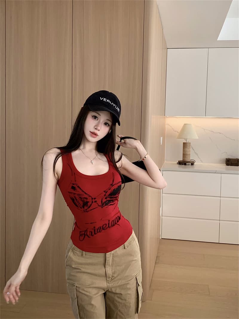 아메리칸 레트로 빨간색 단어 몸매 가꾸기 외출용 캐미솔 여름 새로운 인사이드 가져 가라. 만나는 켜기 벨트 가슴 패드 상세 이미지 16