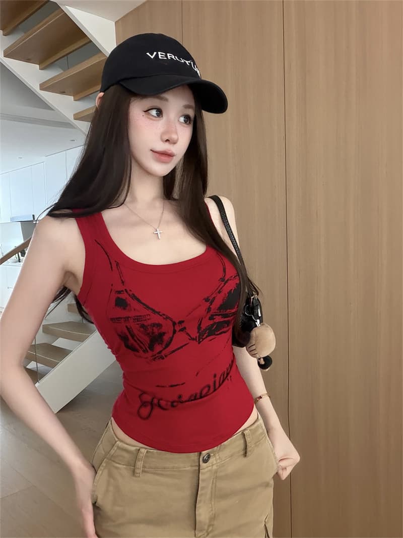 아메리칸 레트로 빨간색 단어 몸매 가꾸기 외출용 캐미솔 여름 새로운 인사이드 가져 가라. 만나는 켜기 벨트 가슴 패드 상세 이미지 17