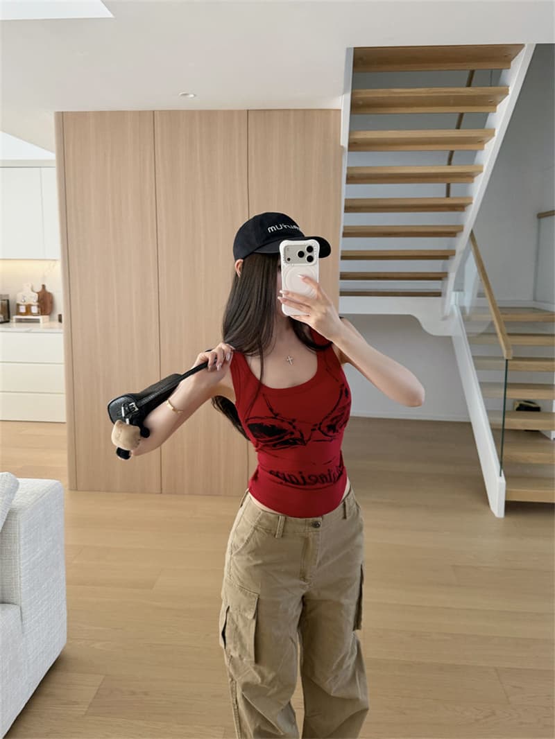 아메리칸 레트로 빨간색 단어 몸매 가꾸기 외출용 캐미솔 여름 새로운 인사이드 가져 가라. 만나는 켜기 벨트 가슴 패드 상세 이미지 18
