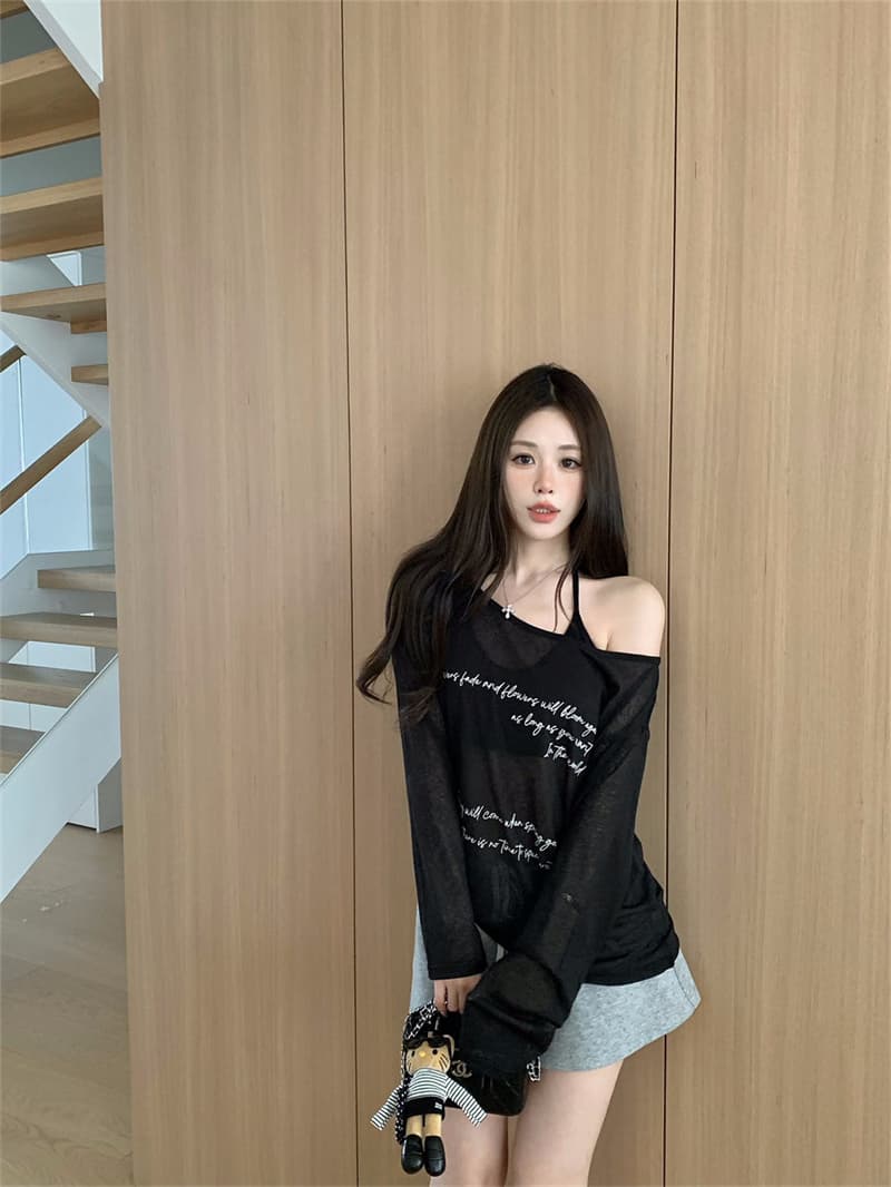 느긋한 바람 알파벳 프린트 오프숄더 긴팔 티셔츠 여성 여름 루즈핏 캐주얼 슬림해 보이는 다용도 얇은 스타일 자외선 차단 맨위 상세 이미지 28