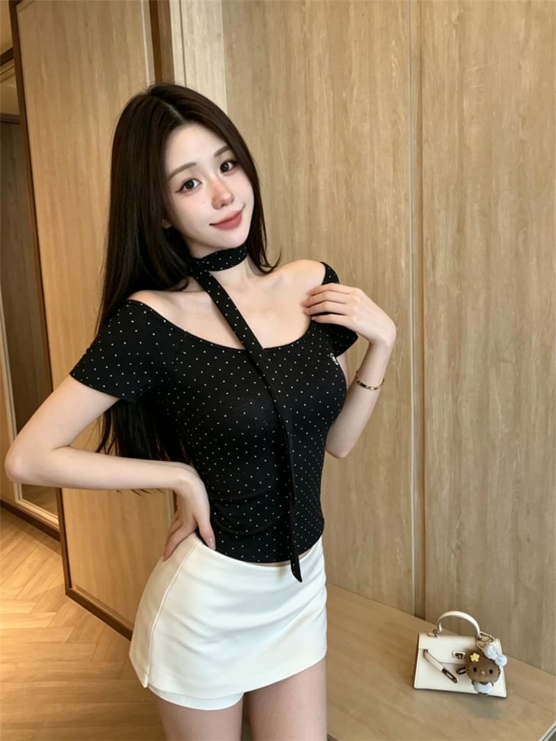 미니멀리즘 패션 핫걸 오프숄더 허리 수축 슬림해 보이는 반팔 티셔츠 여성 여름 벨트 가슴 패드 도트 무늬 넥타이 행침 목 맨위 상세 이미지 40