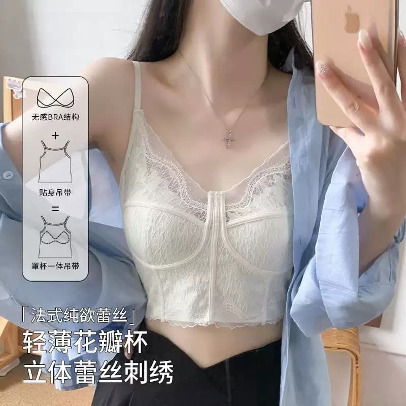 프랑스식 빛 럭셔리 3 차원 레이스 자수 인사이드 가져 가라. 여성 짧은 슬림해 보이는 나만의 것을 가져와 라. 가슴 패드 얇고 가벼운 통기성 조끼 슬립 상세 이미지 8