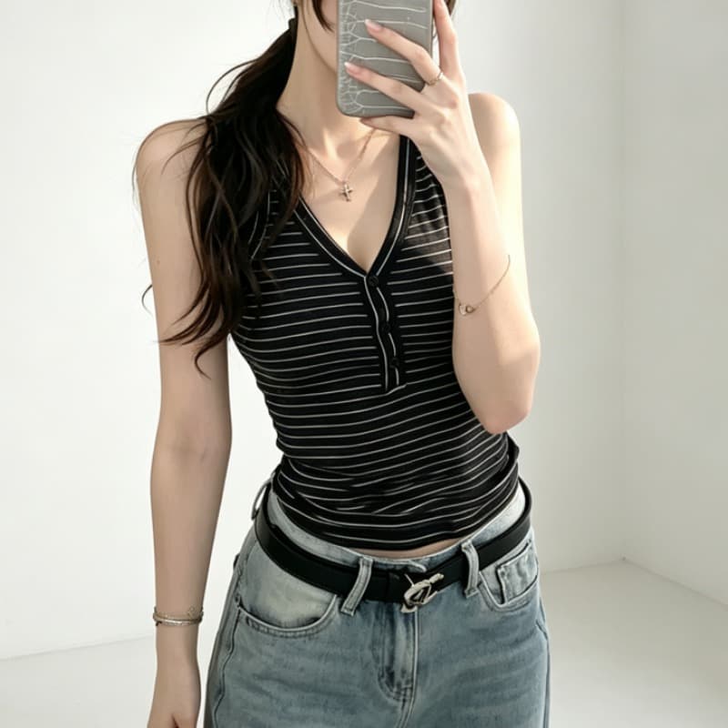 캐미솔 벨트 가슴 패드 여름 새로운 패션 V넥 단추 만나는 캐주얼 작은 셔츠 몸매 가꾸기 슬림해 보이는 맨위 이미지 3