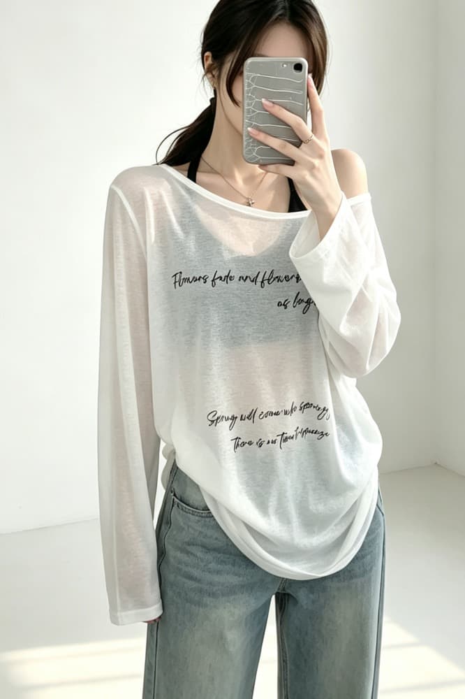느긋한 바람 알파벳 프린트 오프숄더 긴팔 티셔츠 여성 여름 루즈핏 캐주얼 슬림해 보이는 다용도 얇은 스타일 자외선 차단 맨위 이미지 6