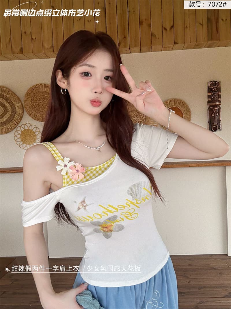 한 부서 체크무늬 꽃 페이크 레이어드 벨트 가슴 패드 슬립 반팔 티셔츠 소녀 여름 아름다운 아름다운 오프숄더 맨위 이미지 3