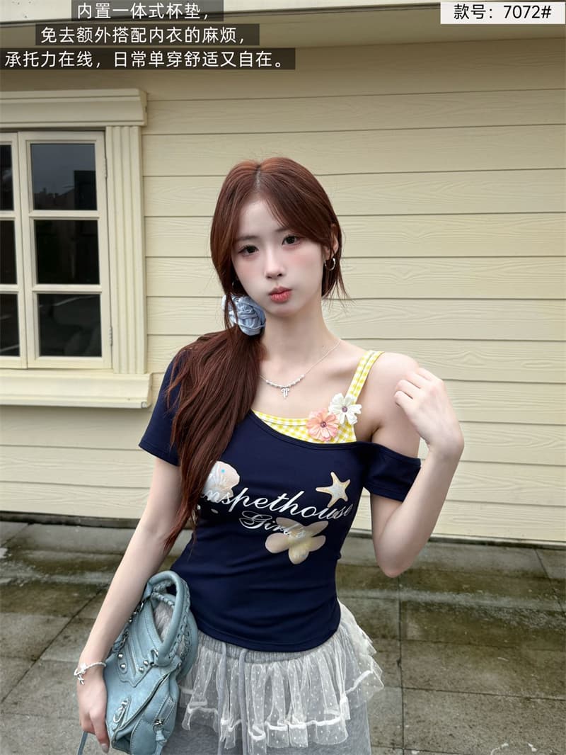 한 부서 체크무늬 꽃 페이크 레이어드 벨트 가슴 패드 슬립 반팔 티셔츠 소녀 여름 아름다운 아름다운 오프숄더 맨위 상세 이미지 22