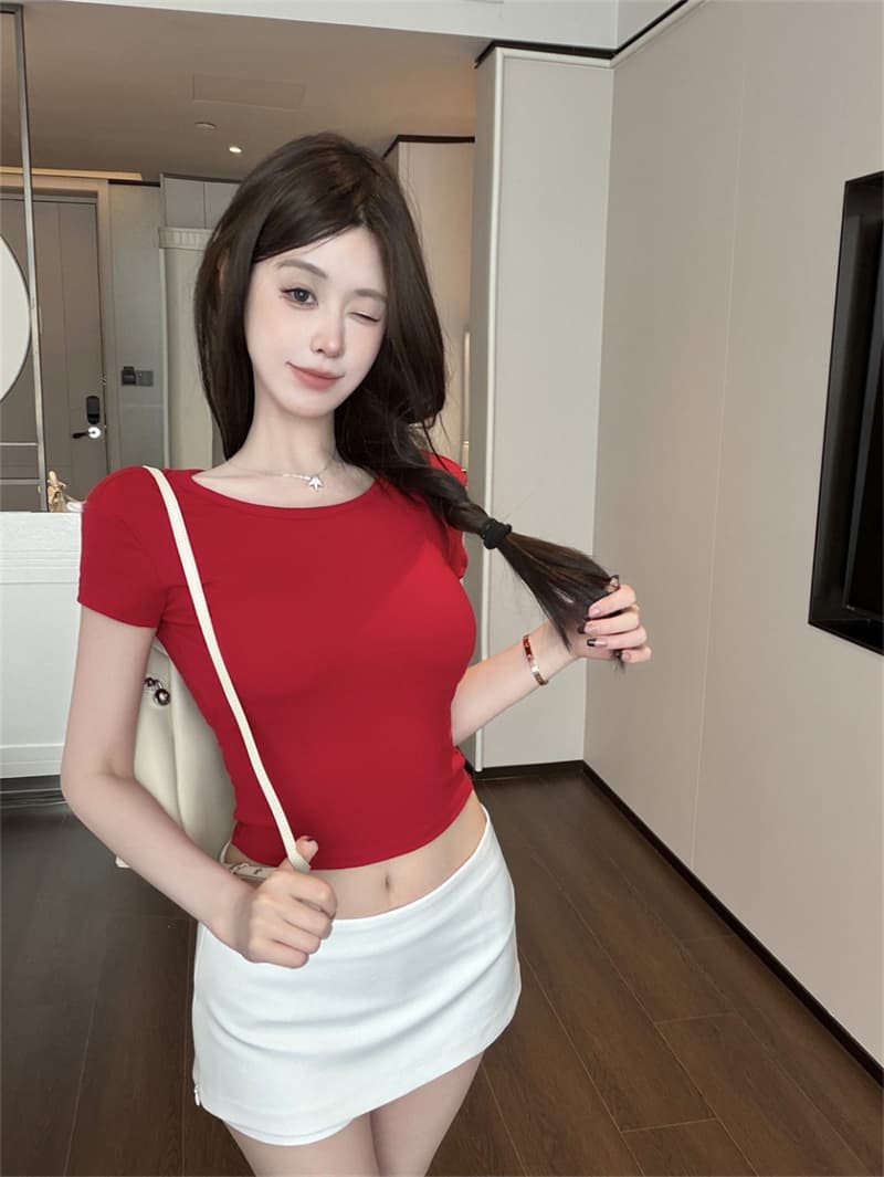 나비 매듭 스트랩 u 종류 홀로우 아웃 슬림해 보이는 라운드 넥 쇼트 스타일 벨트 가슴 패드 의류 여성 여름 긍정적 인 어깨 몸매 가꾸기 반팔 티셔츠 상세 이미지 39