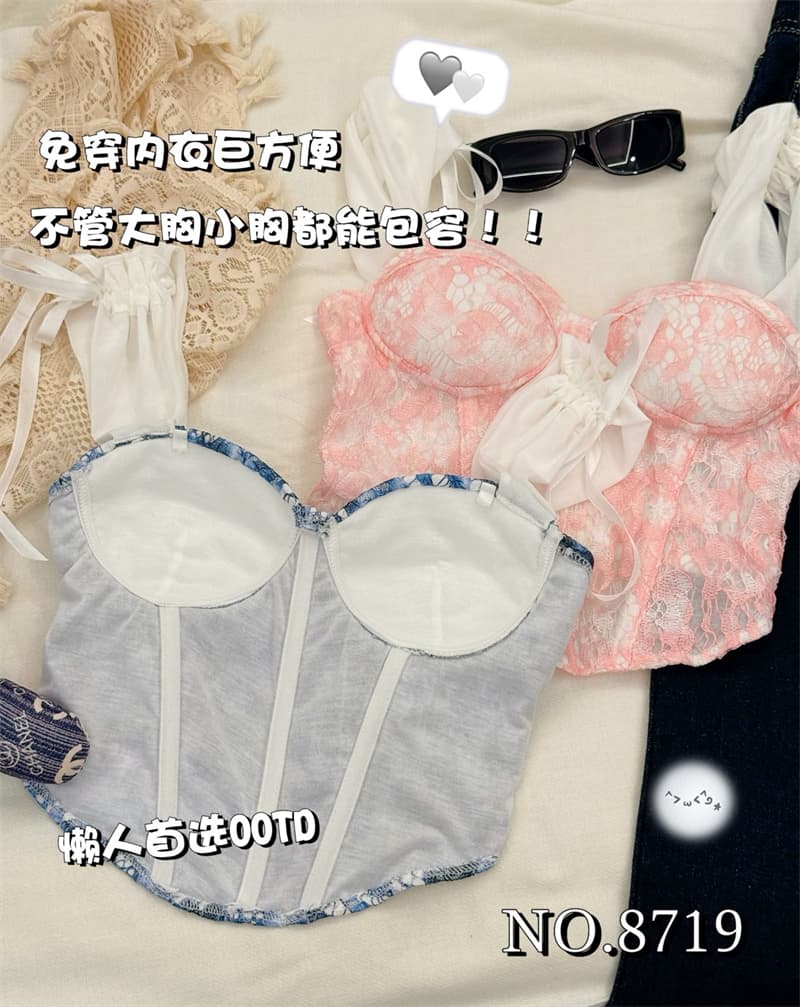 새로운 핫걸 섹시함 이슬 멜빵 가슴 패드 꽃무늬 캐미솔 여름 아름다움 뒤로 디자인 센스 생선뼈 맨위 상세 이미지 3
