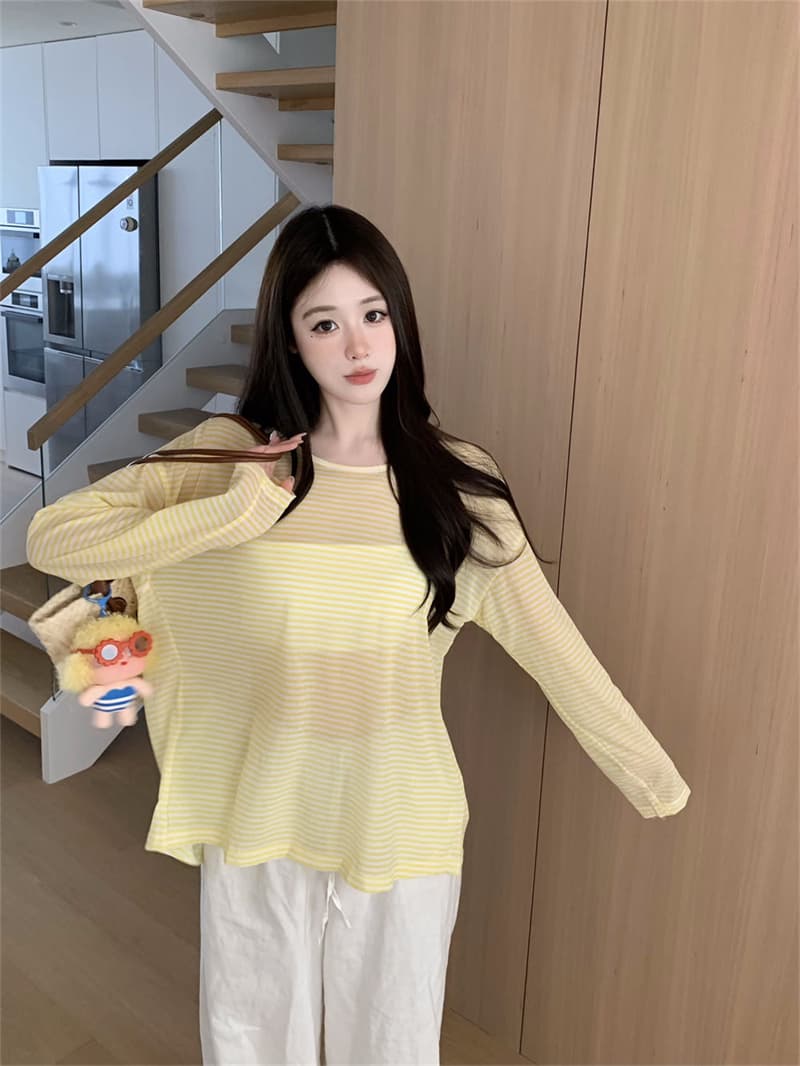 2026 루즈핏 느긋한 바람 통기성 스트라이프 자외선 차단 맨위 여름 새로운 패션 긴팔 얼음 실크 니트 여성 트렌디 상세 이미지 22