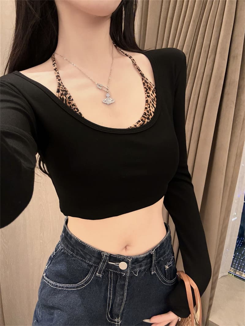 실사 이른 가을 새로운 패션 사람들 면 핫걸 다용도 긴팔 쇼트 스타일 티셔츠 얼음 실크 레오파드 무늬 슬립 투피스 세트 상세 이미지 2