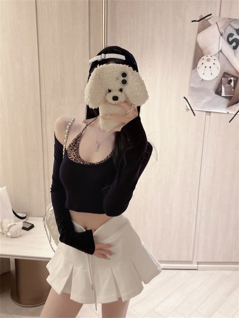 실사 이른 가을 새로운 패션 사람들 면 핫걸 다용도 긴팔 쇼트 스타일 티셔츠 얼음 실크 레오파드 무늬 슬립 투피스 세트 상세 이미지 18