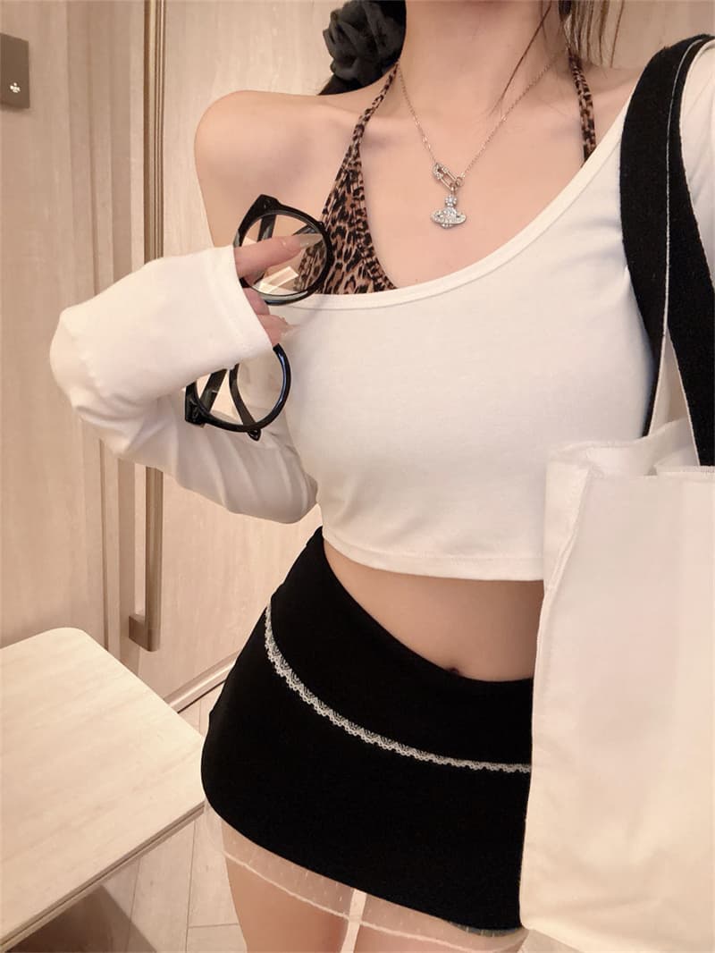 실사 이른 가을 새로운 패션 사람들 면 핫걸 다용도 긴팔 쇼트 스타일 티셔츠 얼음 실크 레오파드 무늬 슬립 투피스 세트 상세 이미지 20