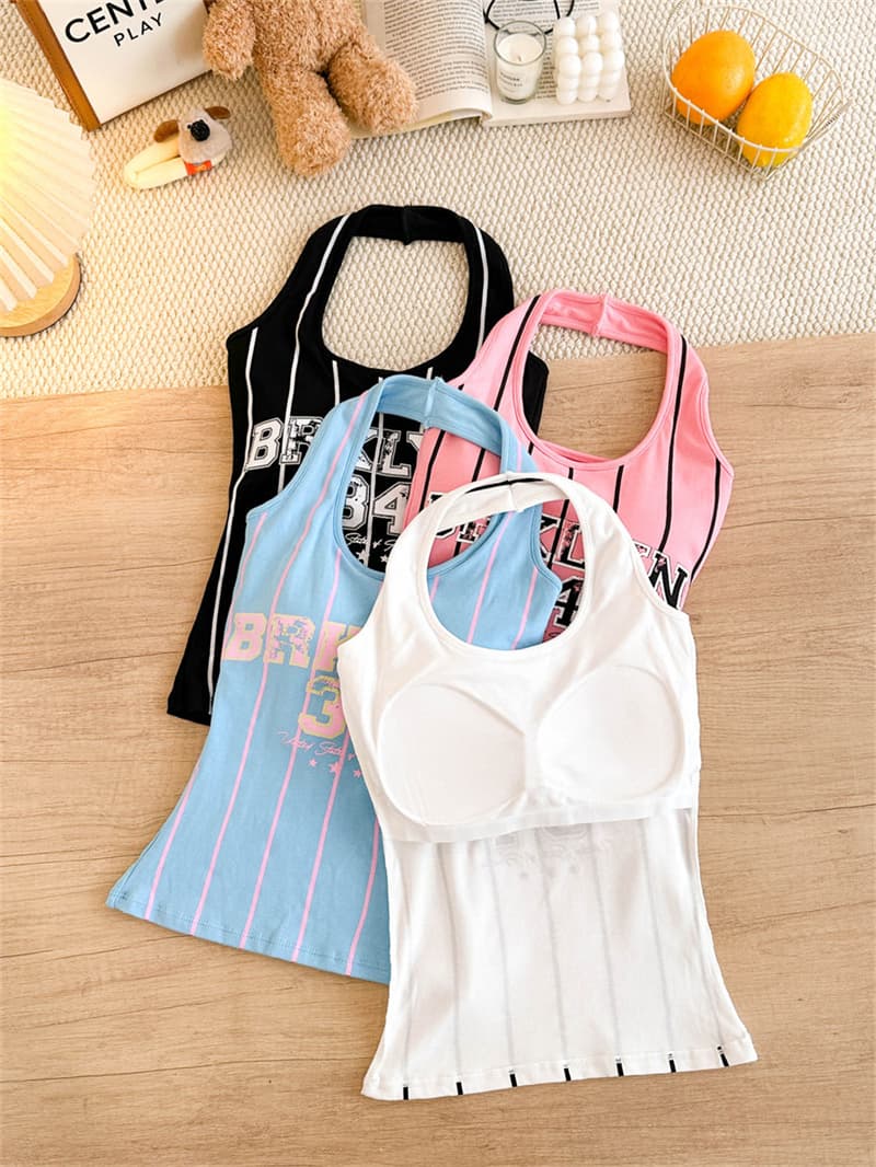 새로운 순수한 욕망 바람 행침 목 캐미솔 알파벳 프린트 벨트 가슴 패드 몸매 가꾸기 슬림해 보이는 백리스 외출용 맨위 이미지 4