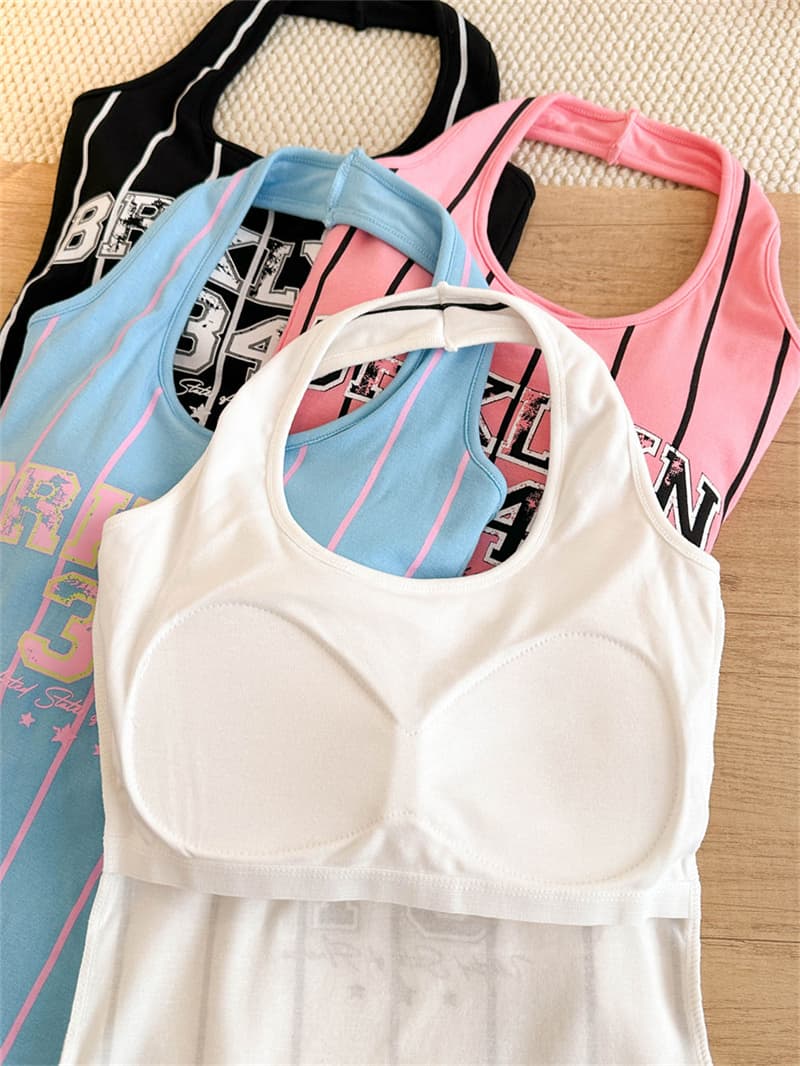 새로운 순수한 욕망 바람 행침 목 캐미솔 알파벳 프린트 벨트 가슴 패드 몸매 가꾸기 슬림해 보이는 백리스 외출용 맨위 상세 이미지 17