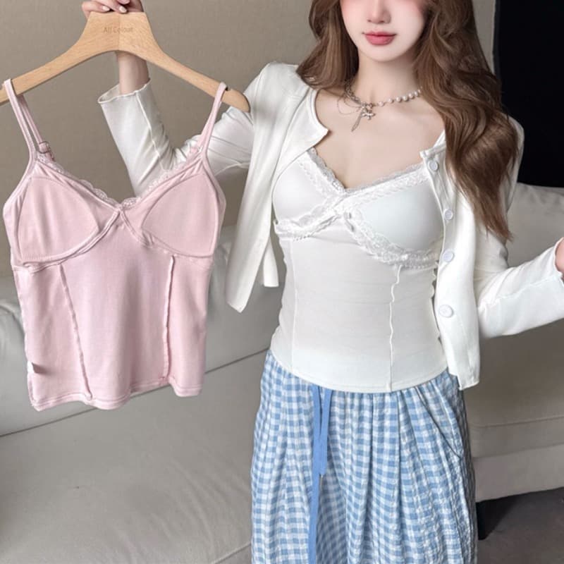 힘 공장 프랑스식 이른 가을 부드러운 신선함 V넥 슬립 여성 부드러운 레이스 나만의 것을 가져와 라. 가슴 패드 투피스 세트 세트 이미지 2
