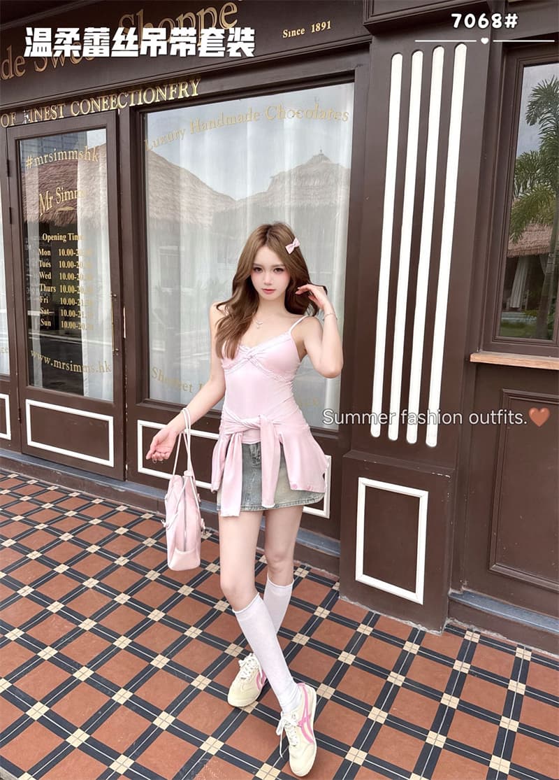 힘 공장 프랑스식 이른 가을 부드러운 신선함 V넥 슬립 여성 부드러운 레이스 나만의 것을 가져와 라. 가슴 패드 투피스 세트 세트 상세 이미지 12