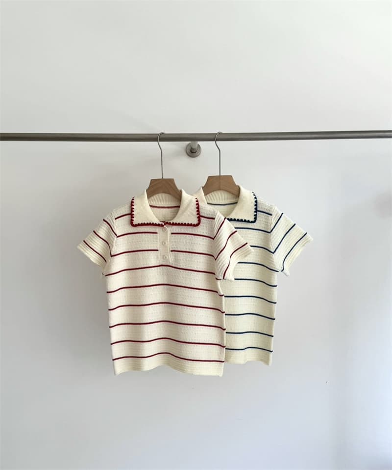 2026 새로운 소녀 센스 배색 스트라이프 polo 셔츠 물결무늬 측면 베이비 칼라 홀로우 아웃 질감 반팔 니트 스웨터 상세 이미지 1