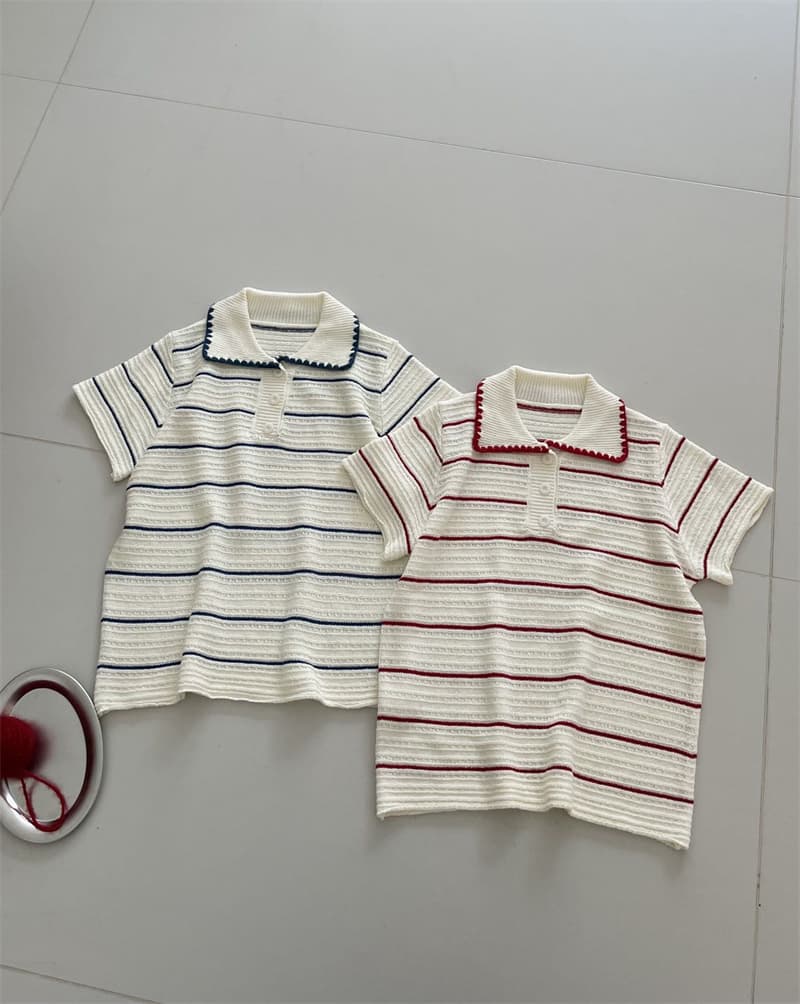 2026 새로운 소녀 센스 배색 스트라이프 polo 셔츠 물결무늬 측면 베이비 칼라 홀로우 아웃 질감 반팔 니트 스웨터 상세 이미지 2