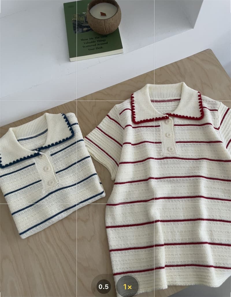 2026 새로운 소녀 센스 배색 스트라이프 polo 셔츠 물결무늬 측면 베이비 칼라 홀로우 아웃 질감 반팔 니트 스웨터 이미지 4