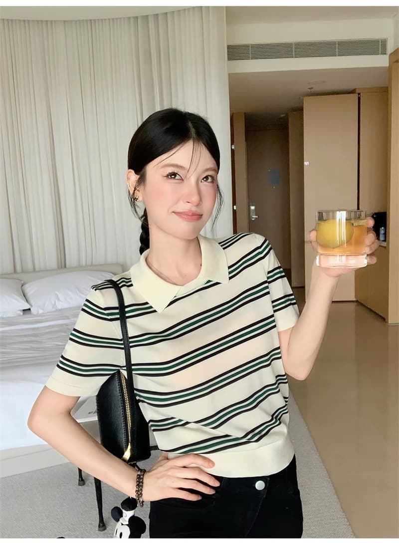 얼음 차가운 실크 워시 물 한 부서 여름 패션 스트라이프 니트 스웨터 폴로 칼라 느긋한 바람 일본식 다용도 슬림해 보이는 맨위 여성 상세 이미지 6