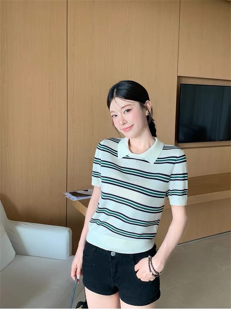 얼음 차가운 실크 워시 물 한 부서 여름 패션 스트라이프 니트 스웨터 폴로 칼라 느긋한 바람 일본식 다용도 슬림해 보이는 맨위 여성 상세 이미지 13