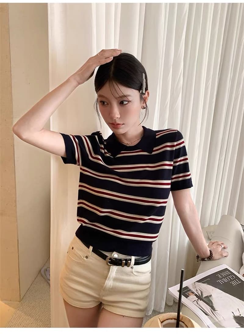 얼음 차가운 실크 워시 물 한 부서 여름 패션 스트라이프 니트 스웨터 폴로 칼라 느긋한 바람 일본식 다용도 슬림해 보이는 맨위 여성 상세 이미지 14