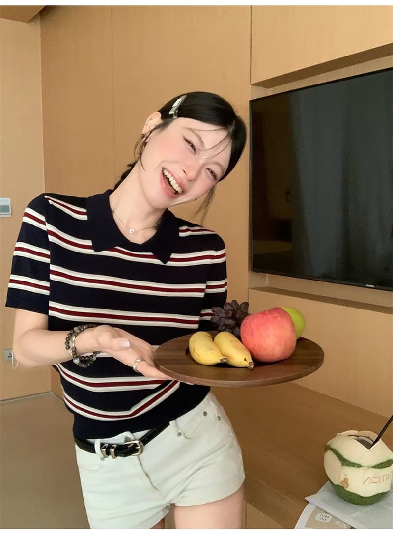 얼음 차가운 실크 워시 물 한 부서 여름 패션 스트라이프 니트 스웨터 폴로 칼라 느긋한 바람 일본식 다용도 슬림해 보이는 맨위 여성 상세 이미지 20