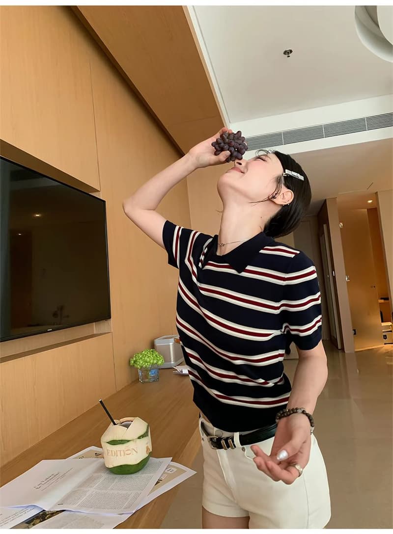 얼음 차가운 실크 워시 물 한 부서 여름 패션 스트라이프 니트 스웨터 폴로 칼라 느긋한 바람 일본식 다용도 슬림해 보이는 맨위 여성 상세 이미지 21