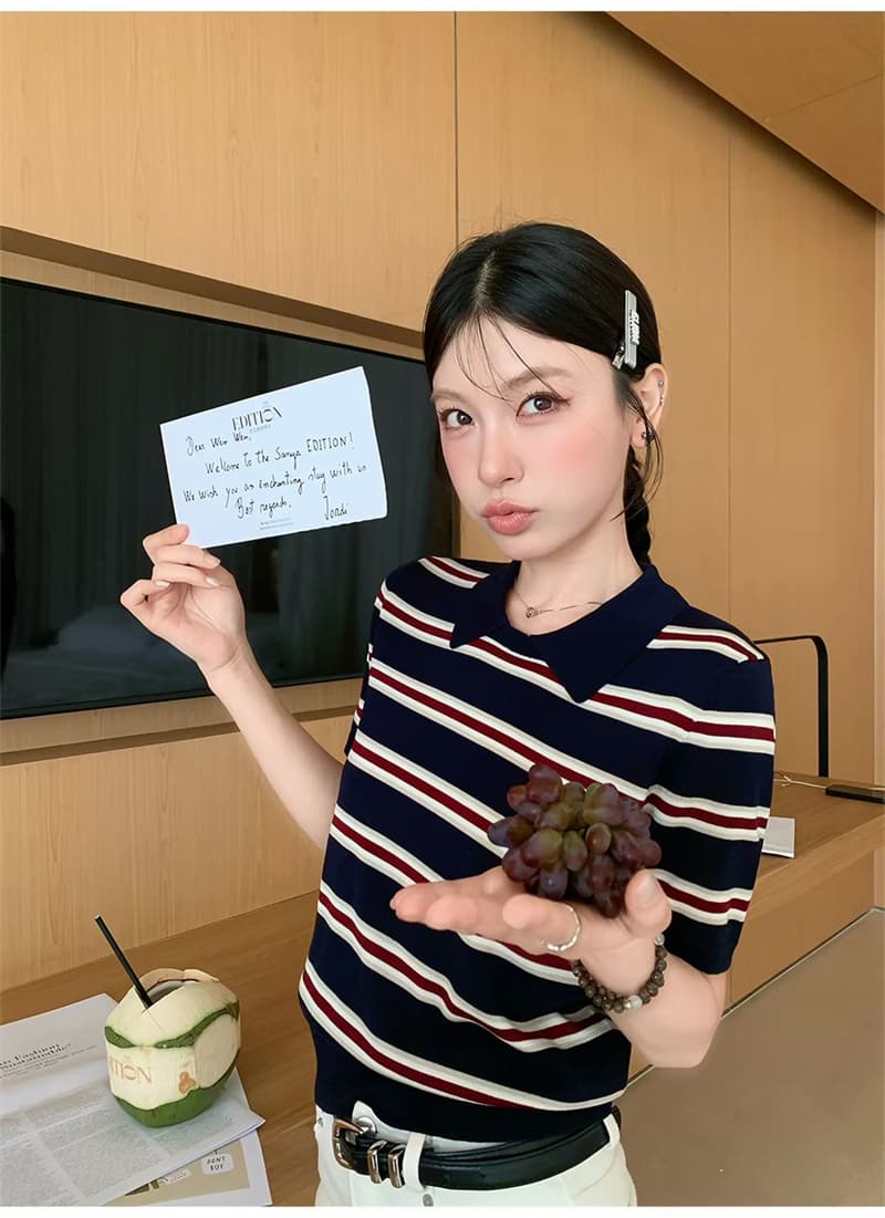 얼음 차가운 실크 워시 물 한 부서 여름 패션 스트라이프 니트 스웨터 폴로 칼라 느긋한 바람 일본식 다용도 슬림해 보이는 맨위 여성 상세 이미지 22