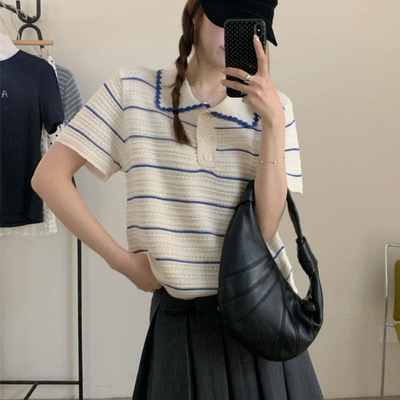 2026 새로운 소녀 센스 배색 스트라이프 polo 셔츠 물결무늬 측면 베이비 칼라 홀로우 아웃 질감 반팔 니트 스웨터