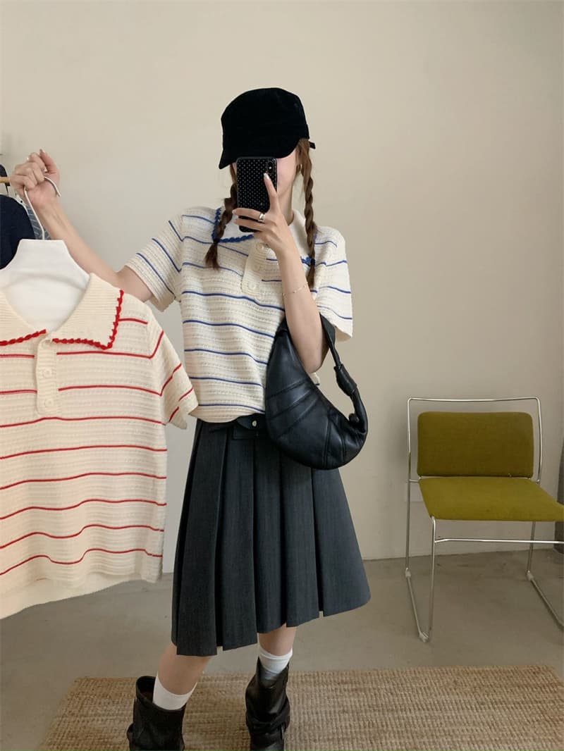 2026 새로운 소녀 센스 배색 스트라이프 polo 셔츠 물결무늬 측면 베이비 칼라 홀로우 아웃 질감 반팔 니트 스웨터 상세 이미지 14