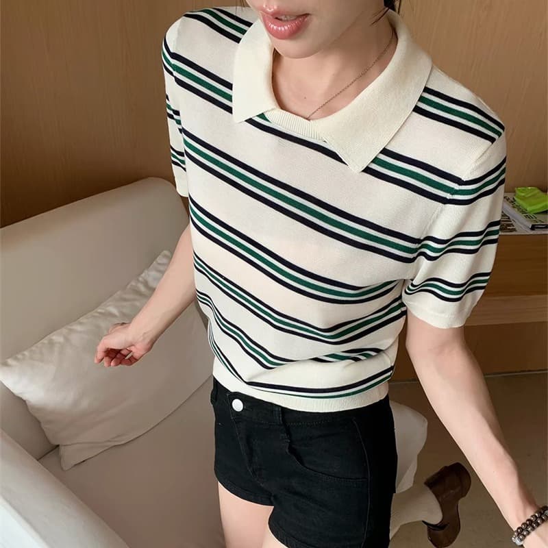 얼음 차가운 실크 워시 물 한 부서 여름 패션 스트라이프 니트 스웨터 폴로 칼라 느긋한 바람 일본식 다용도 슬림해 보이는 맨위 여성 이미지 2