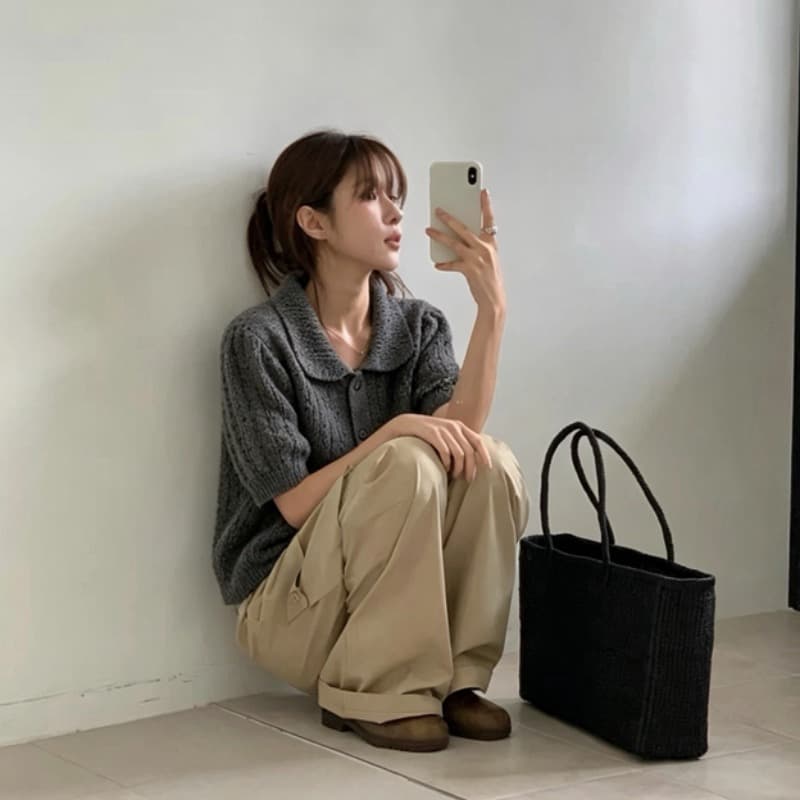 재고 있음 레트로 모헤어 반팔 니트 카디건 코트 여성 짧은 거품 소매 홀로우 아웃 화이트 스웨터 맨위 이미지 3