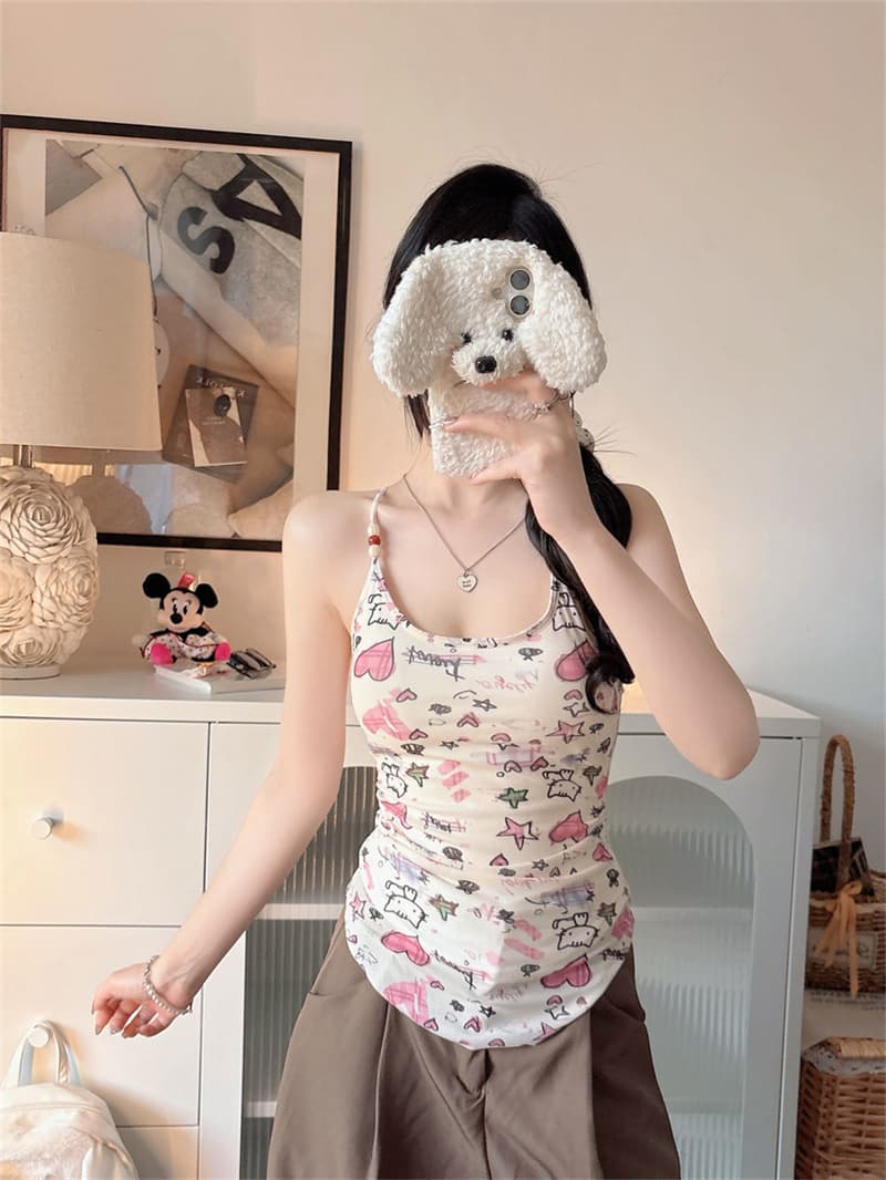 핫걸 낙서 프린트 행침 목 캐미솔 패션 벨트 가슴 패드 여성 여름 새로운 귀여운 쇼트 스타일 민소매 맨위 상세 이미지 24