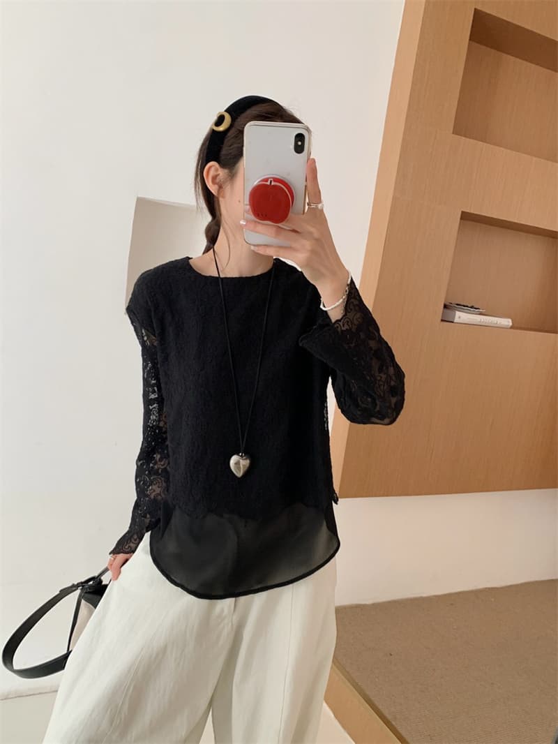 실사 가을 새로운 한국 스타일 레이스 셔츠 여성 긴 소매 라운드 넥 다용도 슬림해 보이는 품격 디자인 센스 작은 대중 맨위 상세 이미지 19