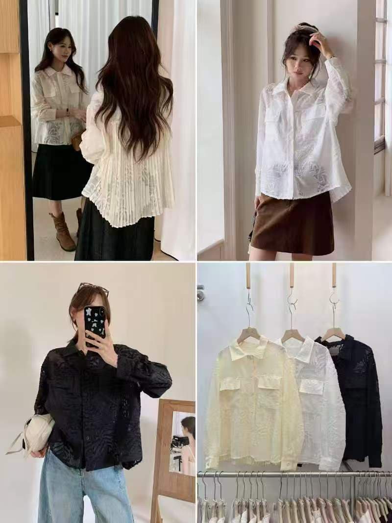 이른 가을 한 레트로 더블 주머니 작은 대중 무거운 작업 뒤로 루버 접기 폴로 칼라 긴팔 마이크로 ~을 통해 셔츠 루즈핏 셔츠 여성 상세 이미지 5
