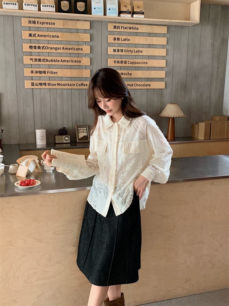 이른 가을 한 레트로 더블 주머니 작은 대중 무거운 작업 뒤로 루버 접기 폴로 칼라 긴팔 마이크로 ~을 통해 셔츠 루즈핏 셔츠 여성 상세 이미지 9