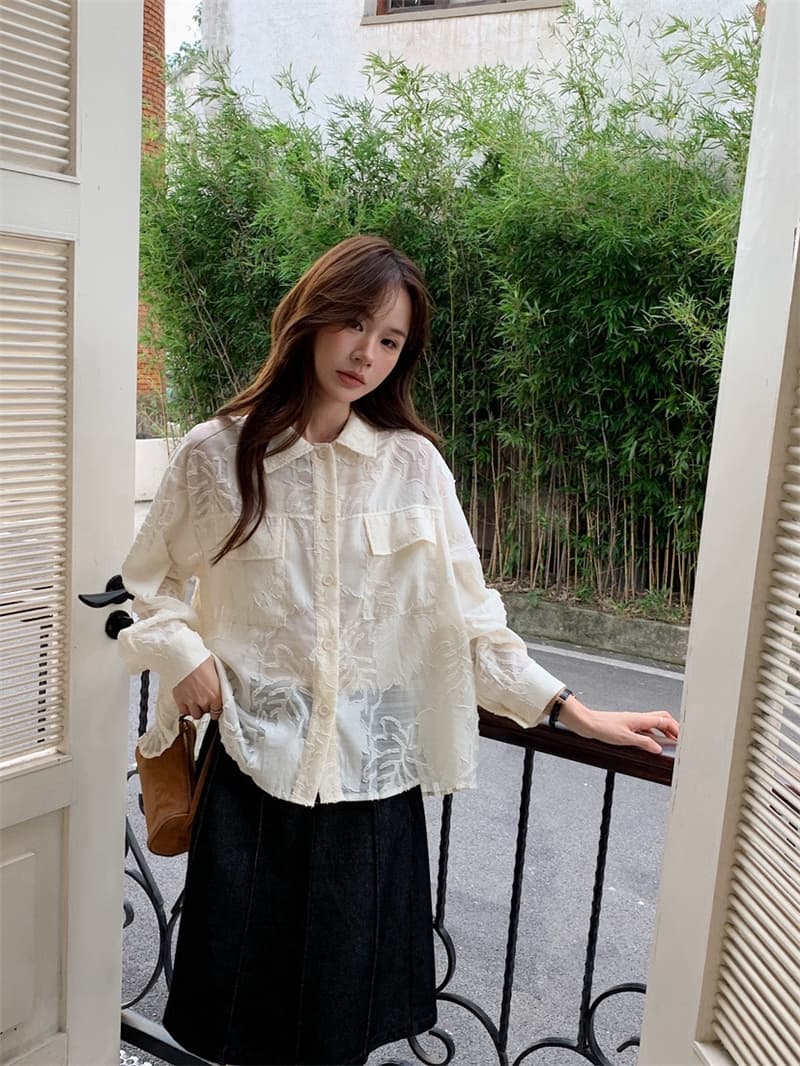 이른 가을 한 레트로 더블 주머니 작은 대중 무거운 작업 뒤로 루버 접기 폴로 칼라 긴팔 마이크로 ~을 통해 셔츠 루즈핏 셔츠 여성 상세 이미지 11