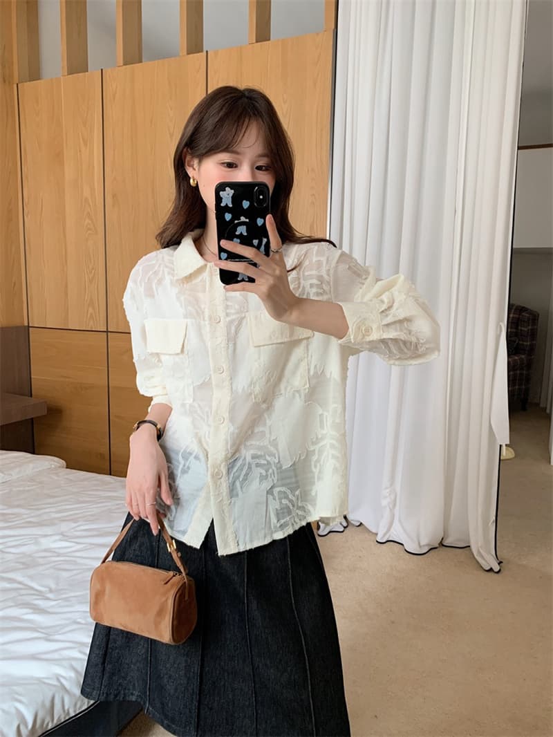 이른 가을 한 레트로 더블 주머니 작은 대중 무거운 작업 뒤로 루버 접기 폴로 칼라 긴팔 마이크로 ~을 통해 셔츠 루즈핏 셔츠 여성 상세 이미지 12