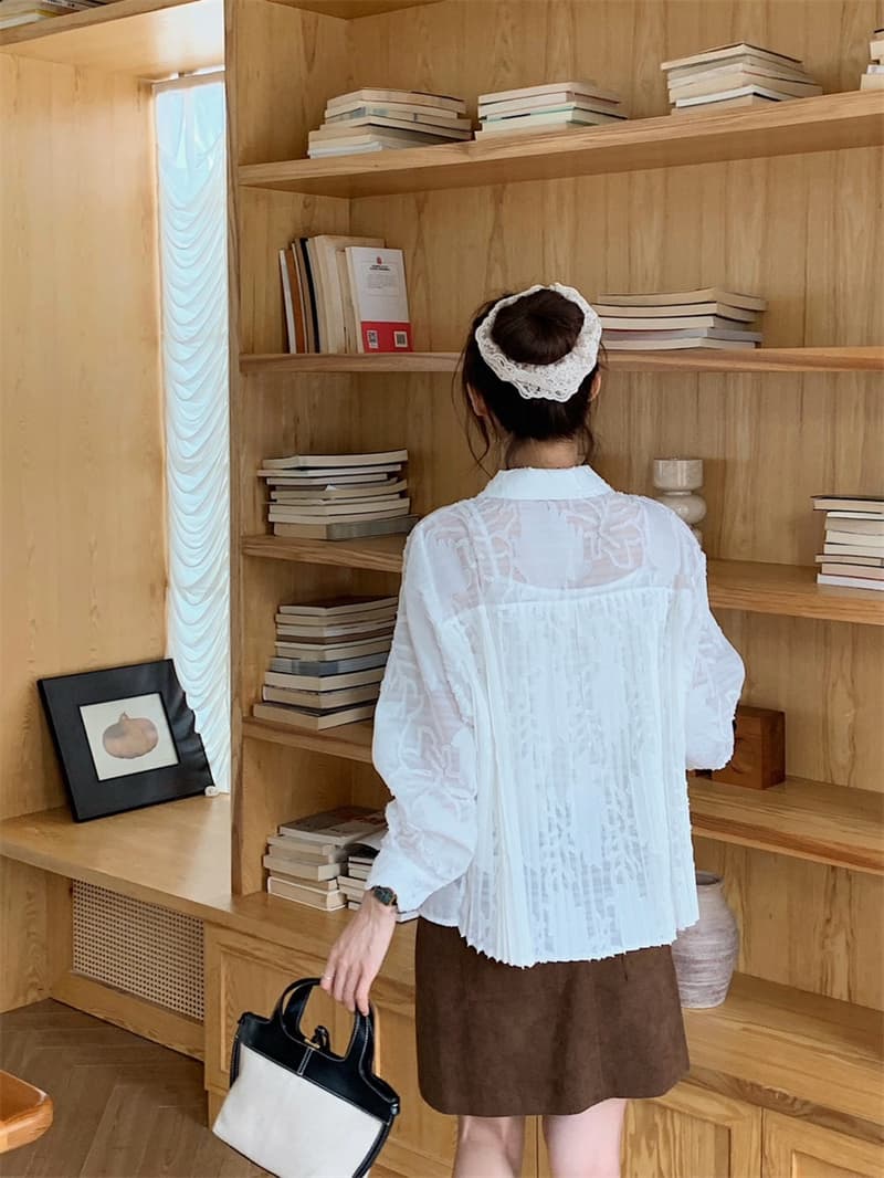 이른 가을 한 레트로 더블 주머니 작은 대중 무거운 작업 뒤로 루버 접기 폴로 칼라 긴팔 마이크로 ~을 통해 셔츠 루즈핏 셔츠 여성 상세 이미지 19