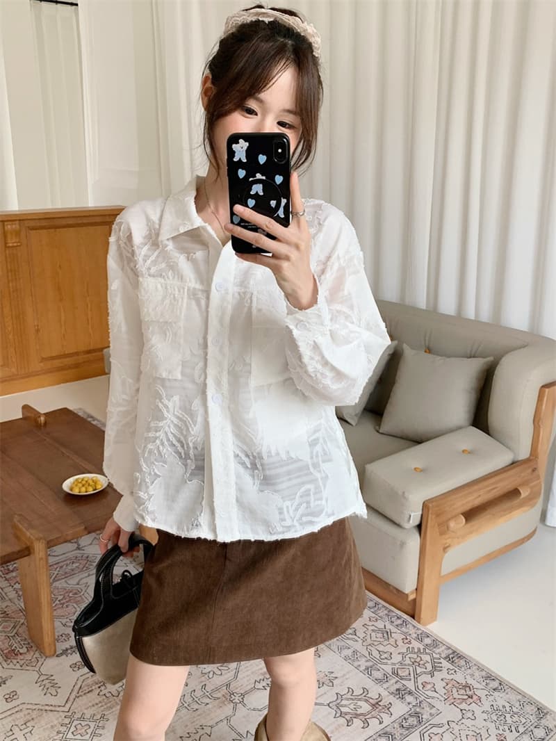 이른 가을 한 레트로 더블 주머니 작은 대중 무거운 작업 뒤로 루버 접기 폴로 칼라 긴팔 마이크로 ~을 통해 셔츠 루즈핏 셔츠 여성 상세 이미지 20