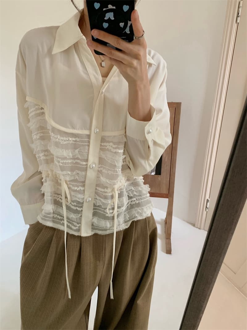 한국 동대문 조기 가을 의상 새로운 폴로 칼라 레이스 조각 다중 레이어 프릴 레이스업 긴팔 진주 버클 셔츠 상세 이미지 12