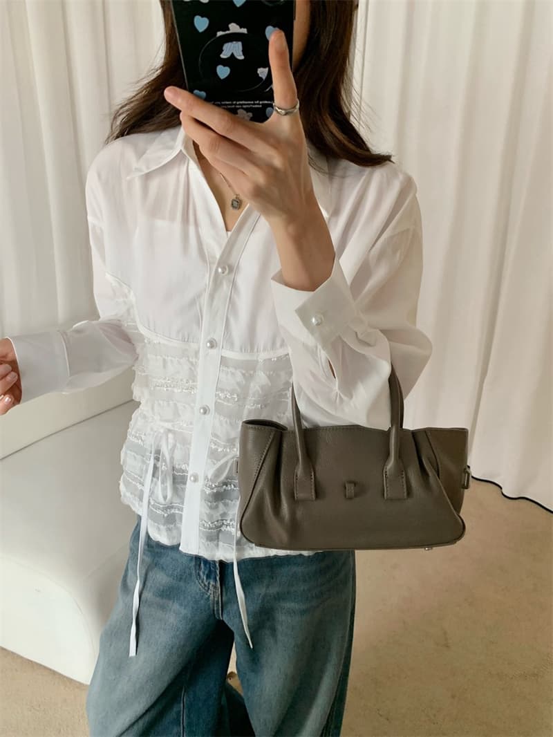 한국 동대문 조기 가을 의상 새로운 폴로 칼라 레이스 조각 다중 레이어 프릴 레이스업 긴팔 진주 버클 셔츠 상세 이미지 21