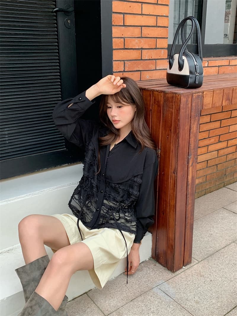 한국 동대문 조기 가을 의상 새로운 폴로 칼라 레이스 조각 다중 레이어 프릴 레이스업 긴팔 진주 버클 셔츠 상세 이미지 24