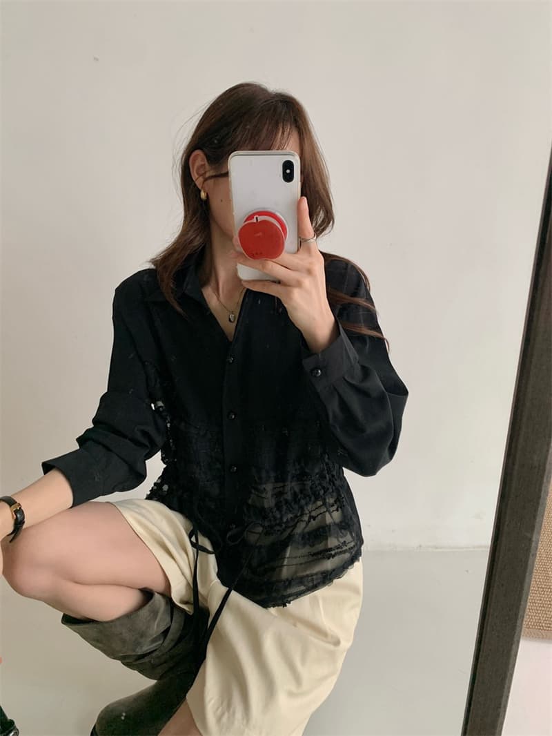 한국 동대문 조기 가을 의상 새로운 폴로 칼라 레이스 조각 다중 레이어 프릴 레이스업 긴팔 진주 버클 셔츠 상세 이미지 29