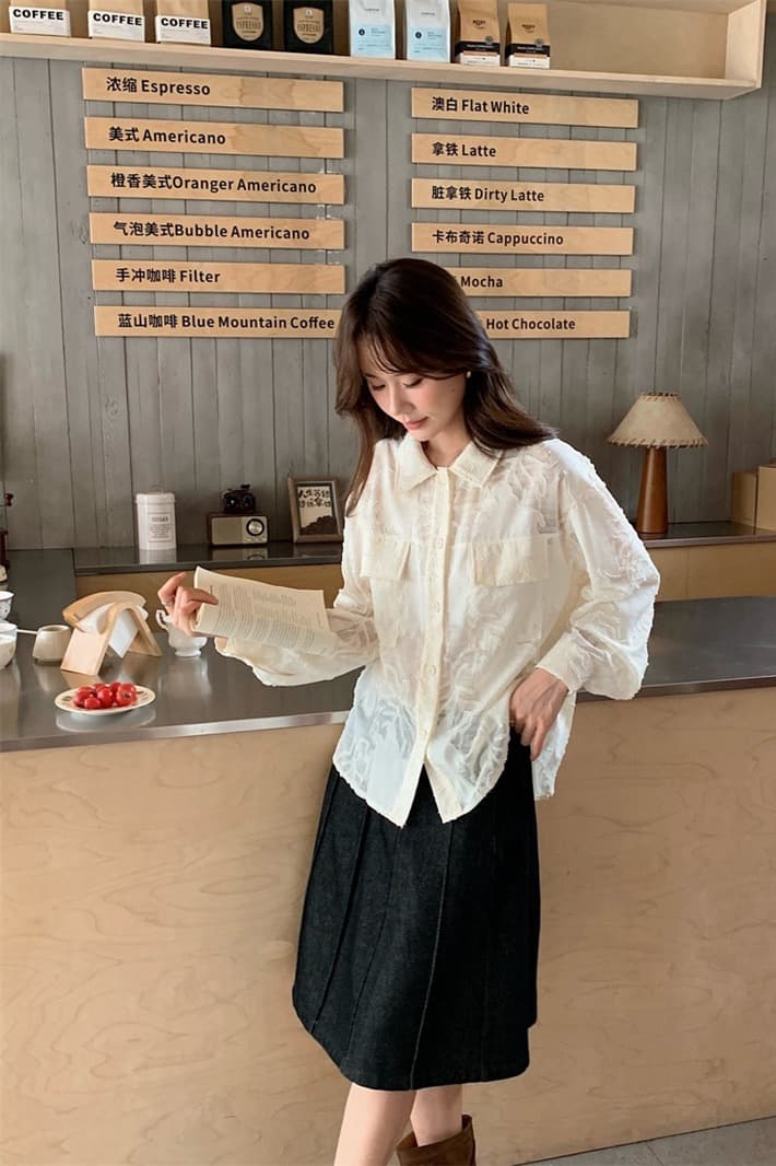 이른 가을 한 레트로 더블 주머니 작은 대중 무거운 작업 뒤로 루버 접기 폴로 칼라 긴팔 마이크로 ~을 통해 셔츠 루즈핏 셔츠 여성 이미지 6