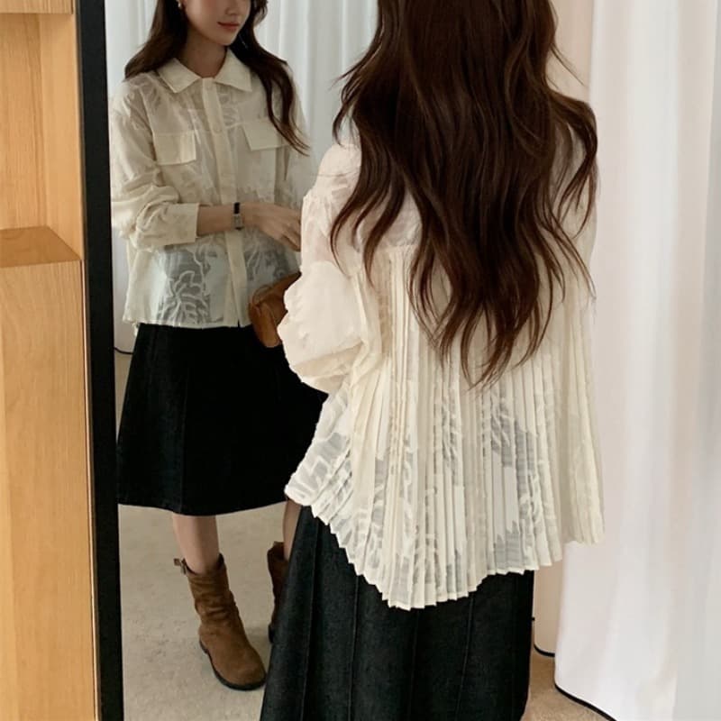 이른 가을 한 레트로 더블 주머니 작은 대중 무거운 작업 뒤로 루버 접기 폴로 칼라 긴팔 마이크로 ~을 통해 셔츠 루즈핏 셔츠 여성 이미지 2